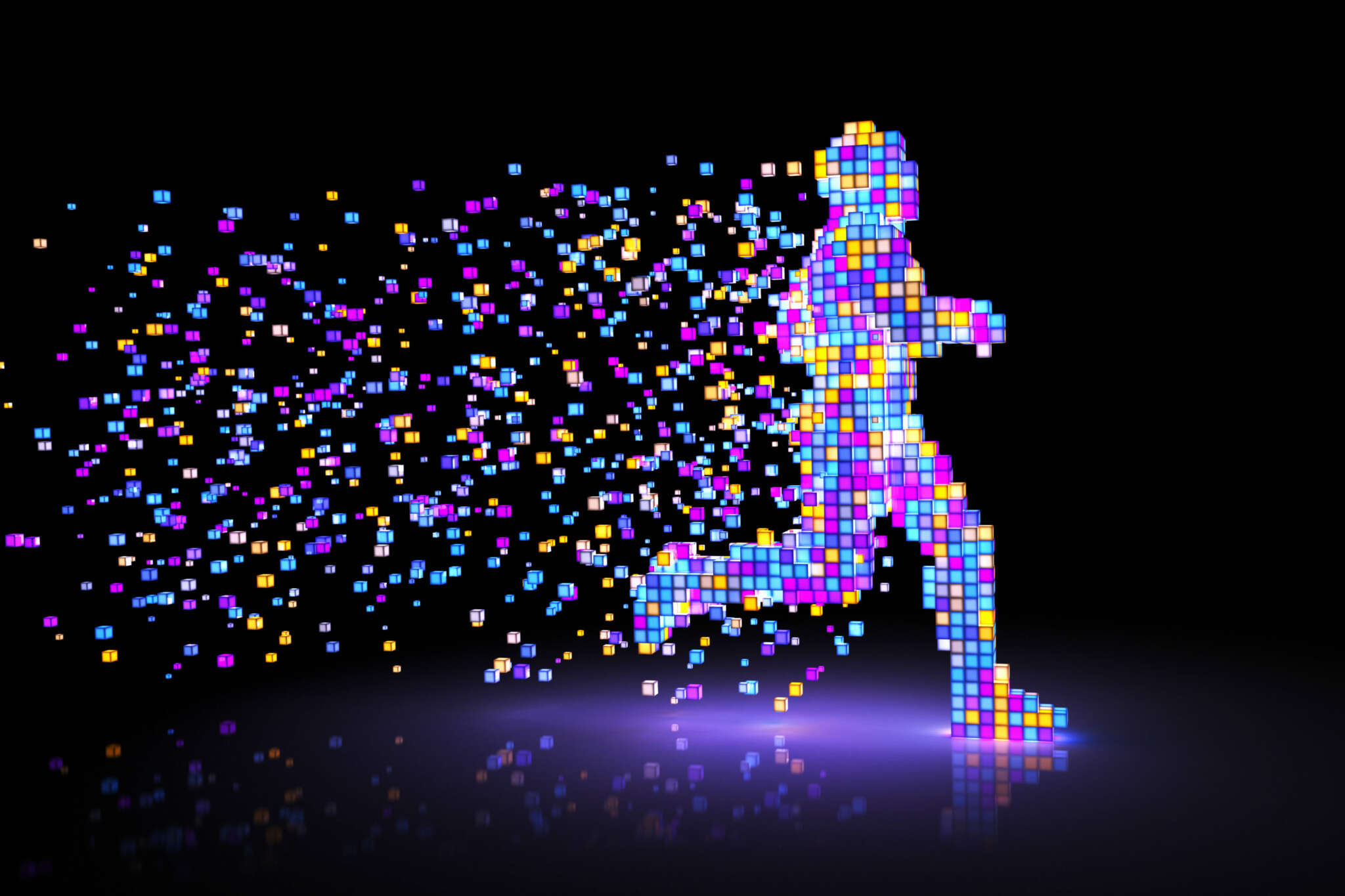Figur aus bunten digitalen Pixeln, die beim Rennen Pixel hinter sich verliert