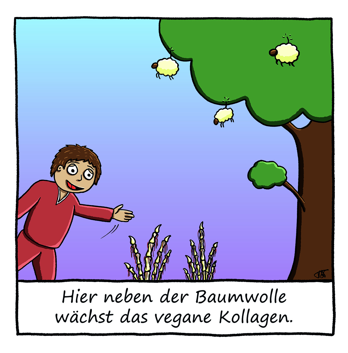 Cartoon auf dem ein Baum mit daran hängenden Schafen zu sehen ist (Baumwolle) und zwei Skeletthände (veganes Kollagen) Ein Mensch steht lachend vor den Skeletthänden und freut sich offenbar über dieses (falsche) Versprechen