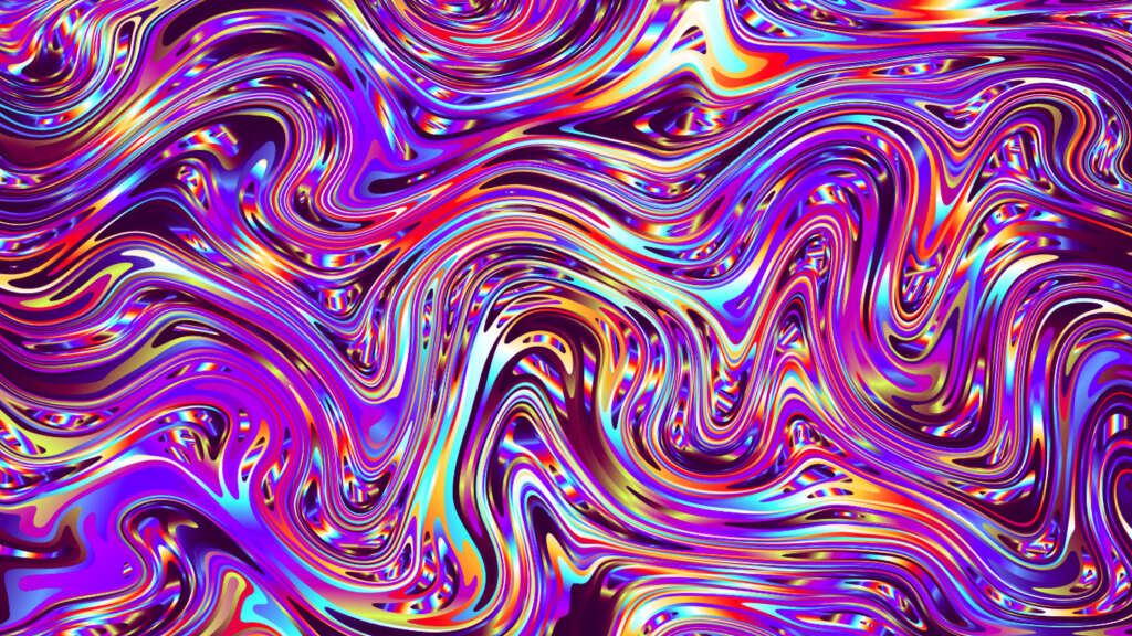 Abstraktes, farbintensives Muster aus wirbelnden Linien und verzerrten Formen in Blau, Pink, Gelb und Violett. Das Bild steht symbolisch für Verwirrung und veränderte Wahrnehmung bei einem Delir.