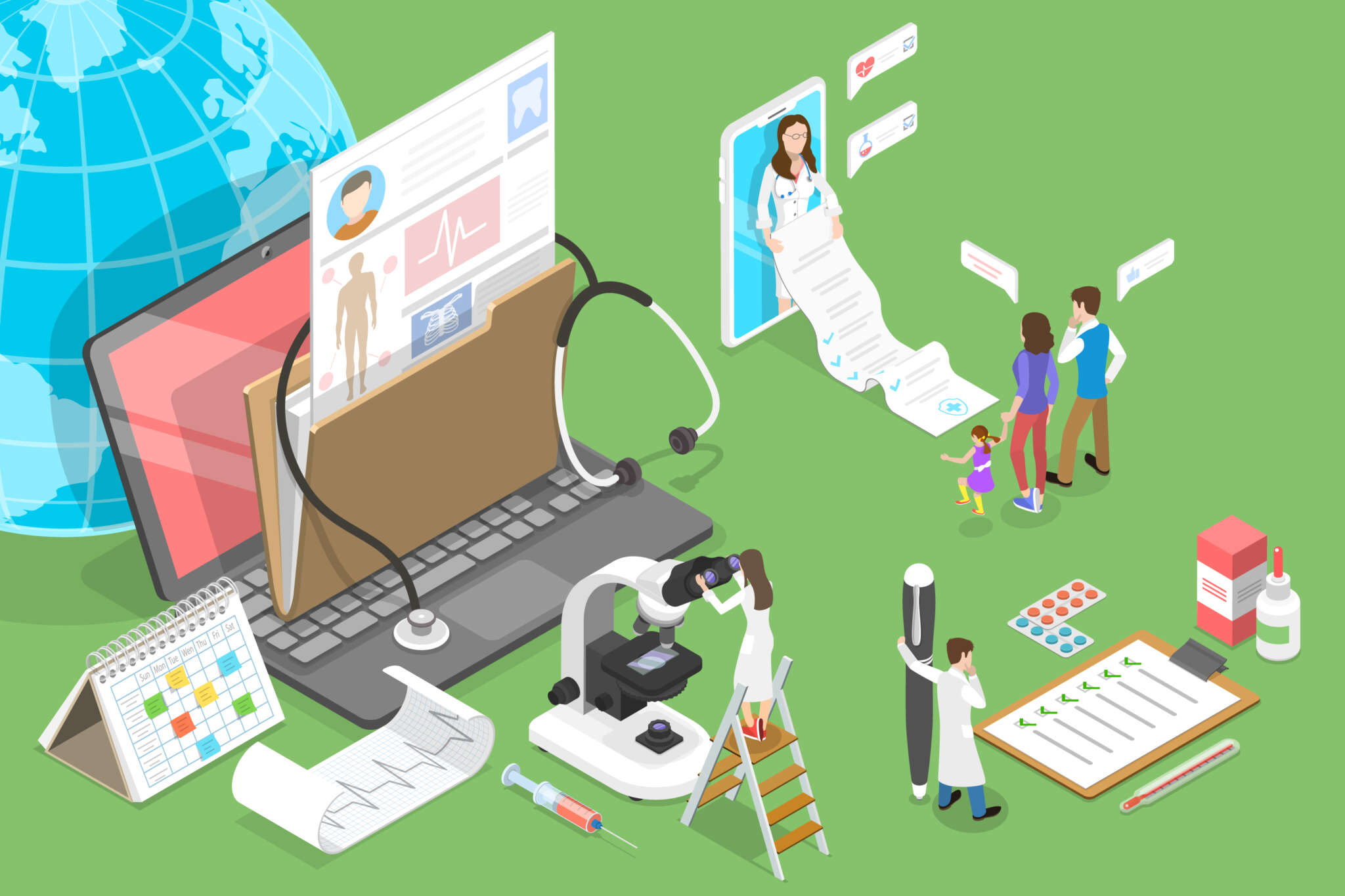 Illustration zu elektronischen Gesundheitsdaten mit Laptop, Patientenakte, medizinischen Geräten und Ärzt:innen.